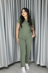 Kadın Modal Kumaş Premium Kalite Polo Yaka Kısa Kollu Jogger Beli Lastikli Bağlamalı Yeşil Yazlık/Baharlık  Alt Üst Takım