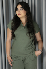 Kadın Modal Kumaş Premium Kalite Polo Yaka Kısa Kollu Jogger Beli Lastikli Bağlamalı Yeşil Yazlık/Baharlık  Alt Üst Takım