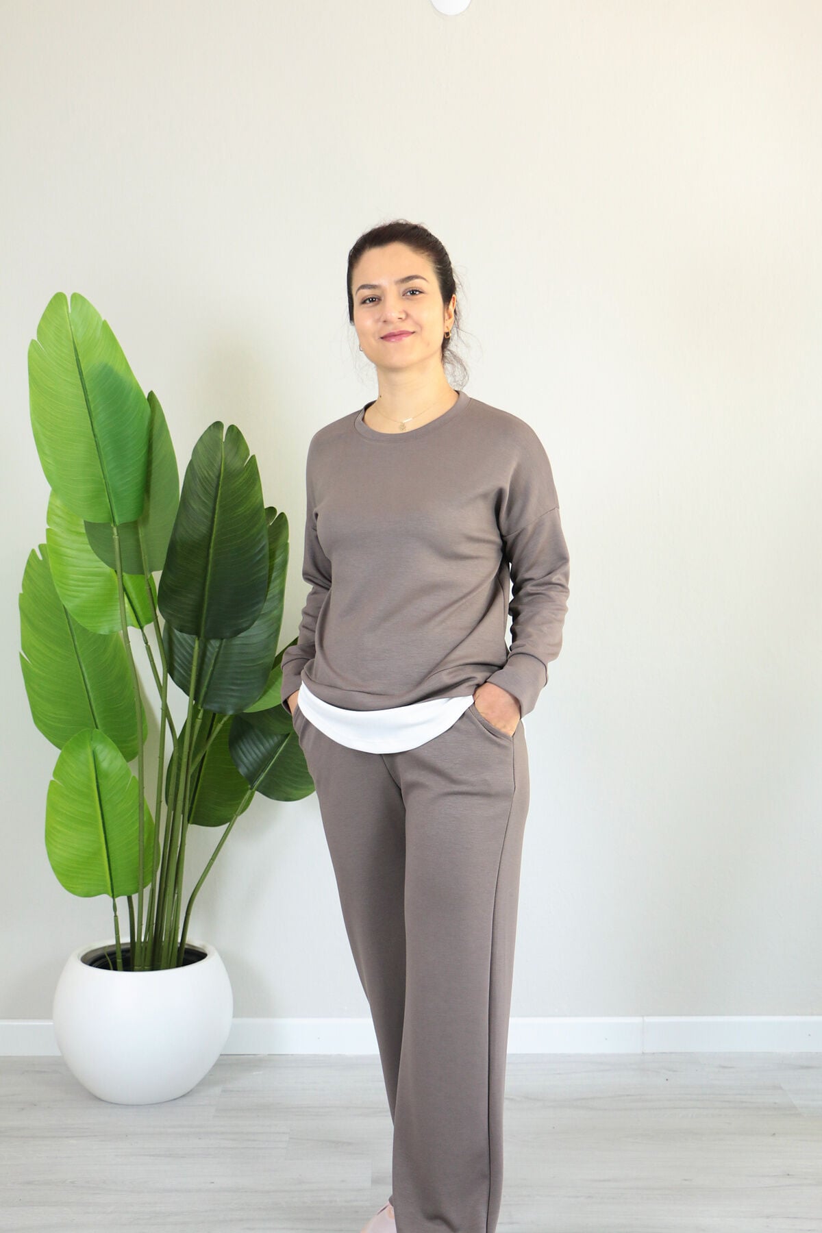 Modal Kumaş Uzun Kollu Etek Detaylı Alt Üst Takım XL - bej