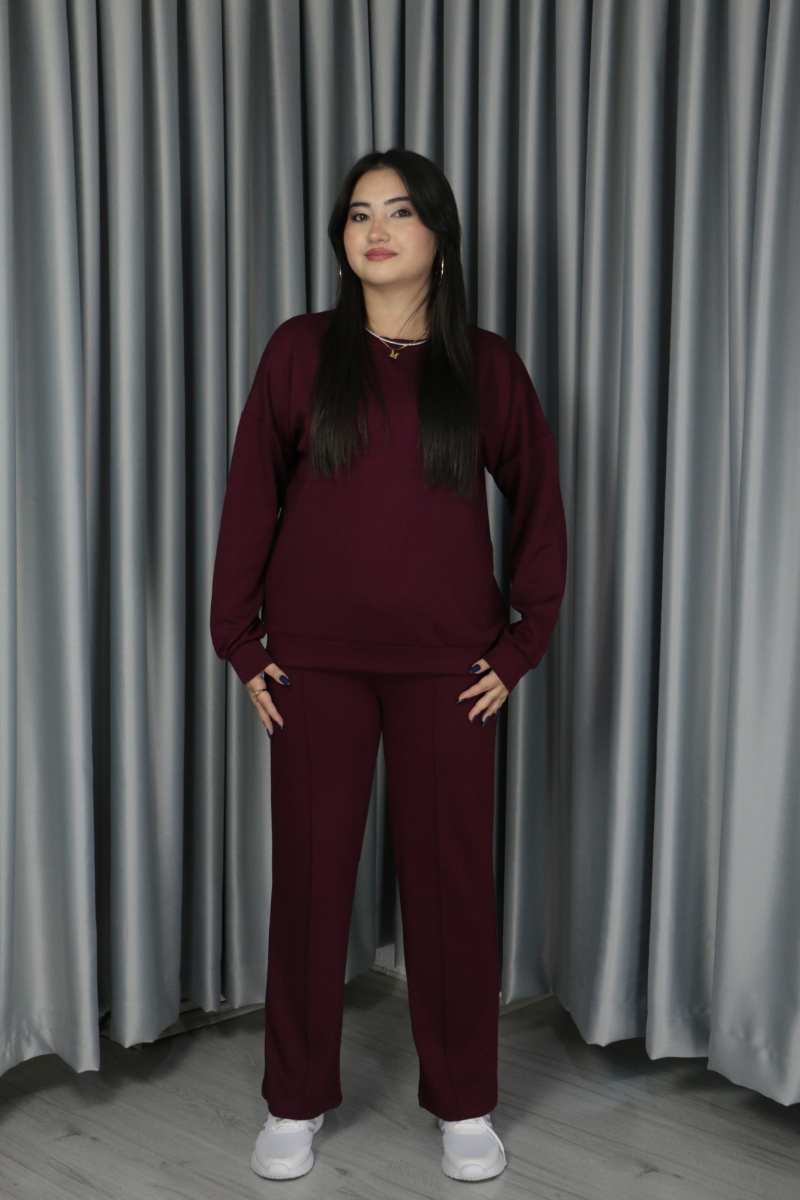 Kadın Yumuşak Dokulu Modal Kumaş Pantolonu Çımalı Basic Bordo Alt Üst Takım