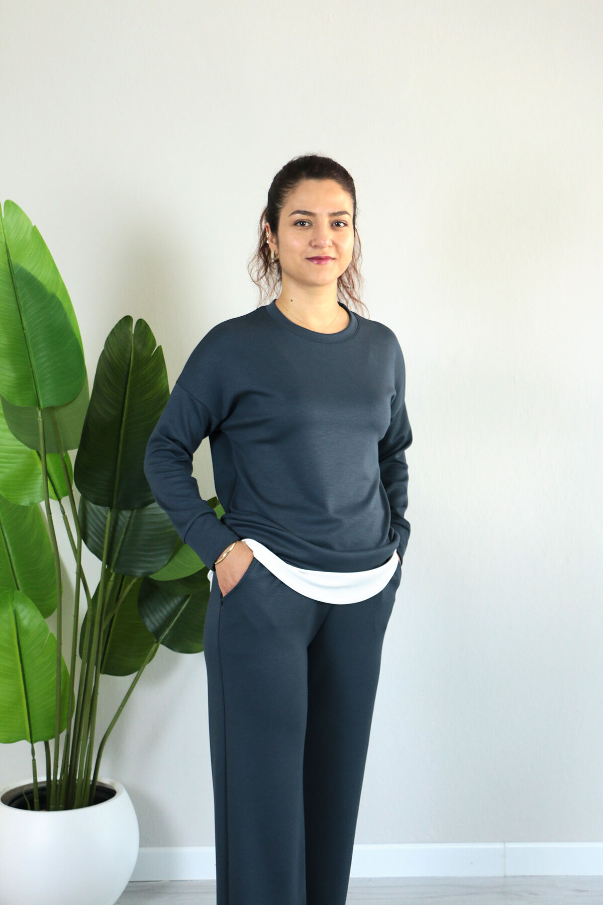 Modal Kumaş Uzun Kollu Etek Detaylı Alt Üst Takım M - füme