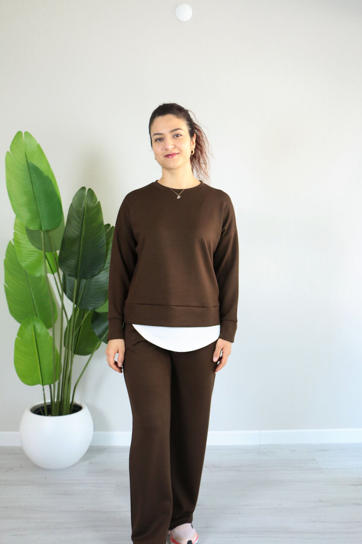 Modal Kumaş Uzun Kollu Etek Detaylı Alt Üst Takım L - acı kahve