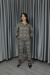 Kadın Iki Iplik Kumaş Fermuar Detay Kapüşonlu Açık Kahve  Ikili Alt Üst Takım 2XL-3XL