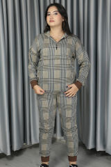 Kadın Iki Iplik Kumaş Fermuar Detay Kapüşonlu Açık Kahve  Ikili Alt Üst Takım 2XL-3XL