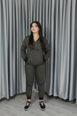 Kadın Iki Iplik Kumaş Fermuar Detay Kapüşonlu Koyu Kahve Ekoseli Alt Üst Takım S-M