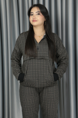 Kadın Iki Iplik Kumaş Fermuar Detay Kapüşonlu Koyu Kahve Ekoseli Alt Üst Takım S-M