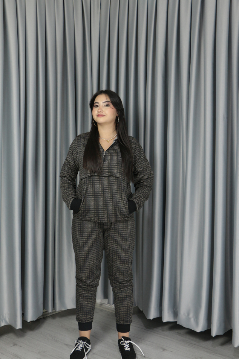 Kadın Iki Iplik Kumaş Fermuar Detay Kapüşonlu Koyu Kahve Ekoseli Alt Üst Takım S-M