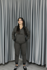 Kadın Iki Iplik Kumaş Fermuar Detay Kapüşonlu Koyu Kahve Ekoseli Alt Üst Takım S-M