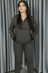 Kadın Iki Iplik Kumaş Fermuar Detay Kapüşonlu Koyu Kahve Ekoseli Alt Üst Takım S-M