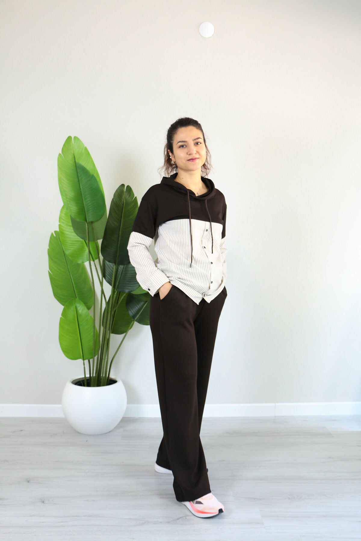 Gömlek Garnili Kapişonlu Modal Alt Üst Takım XL - acı kahve