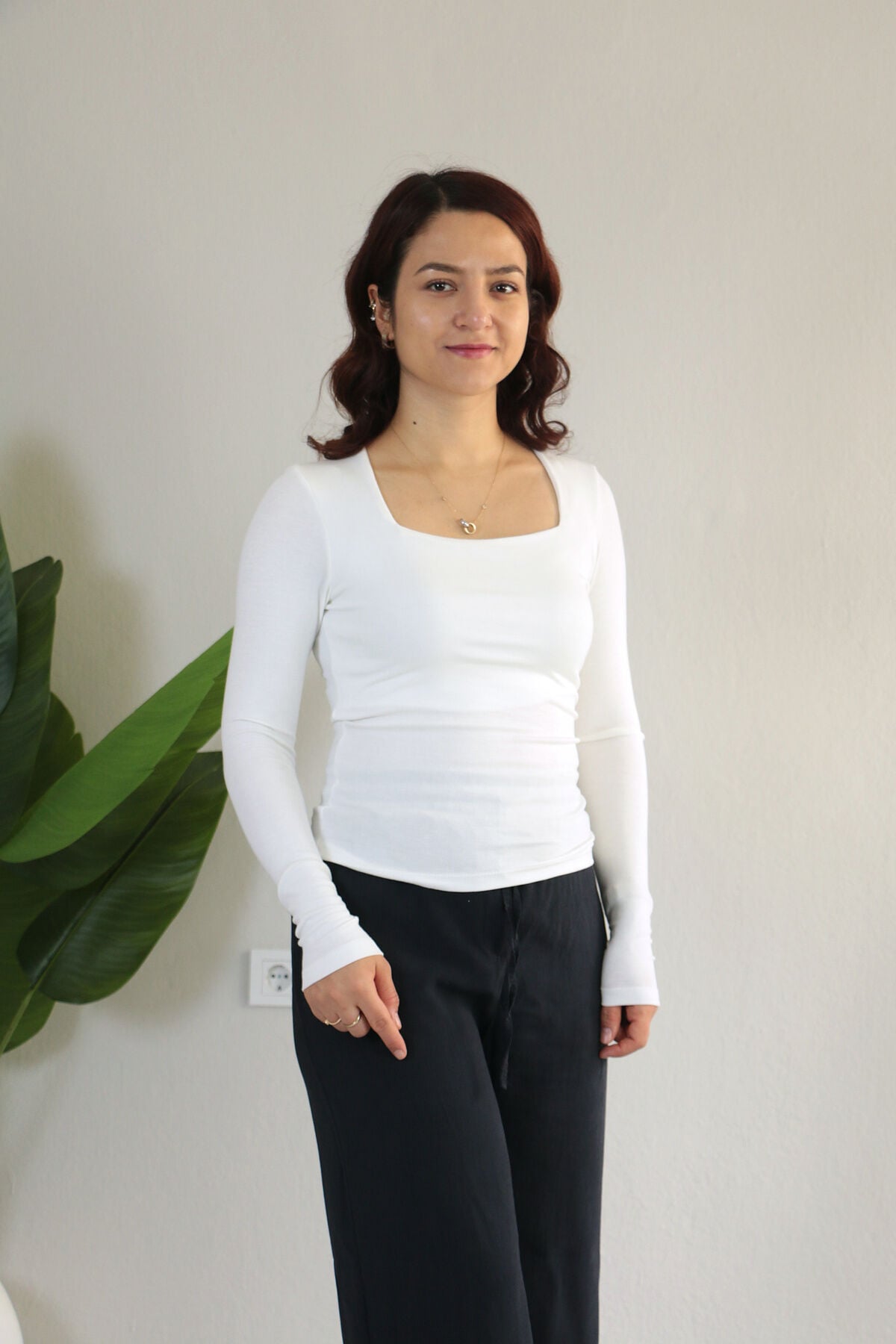 Anti Alerjik Pamuklu Full Likralı Uzun Kollu Kare Yaka Body M - beyaz