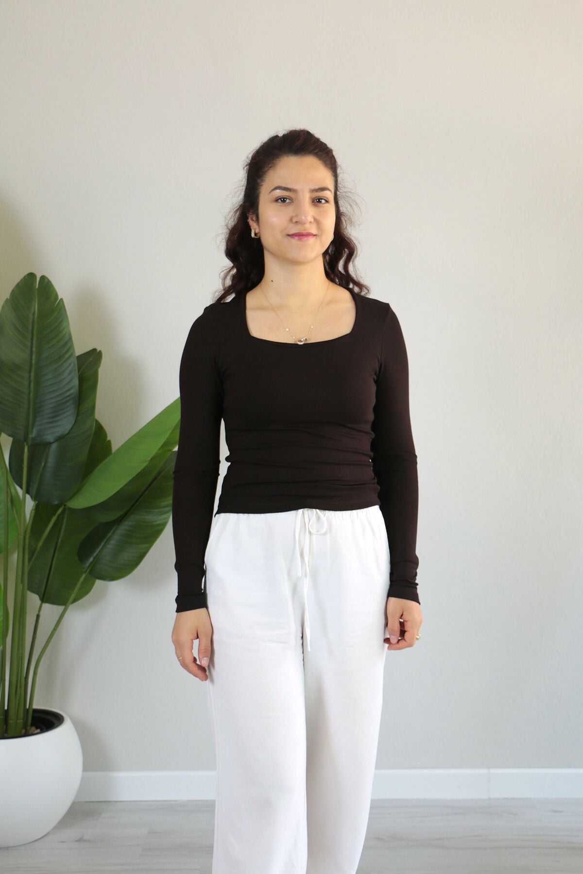 Anti Alerjik Pamuklu Full Likralı Uzun Kollu Kare Yaka Body XL - acı kahve