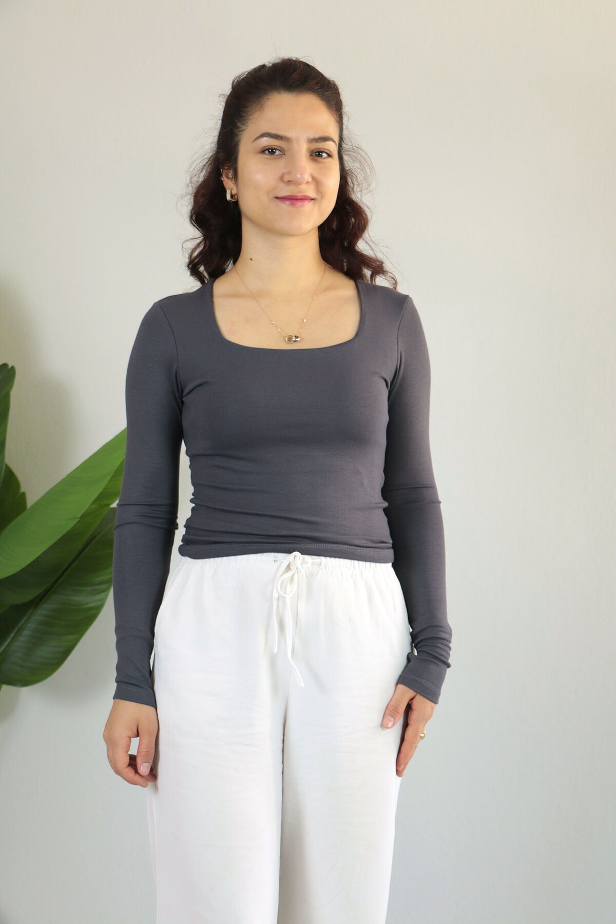 Anti Alerjik Pamuklu Full Likralı Uzun Kollu Kare Yaka Body XL - füme
