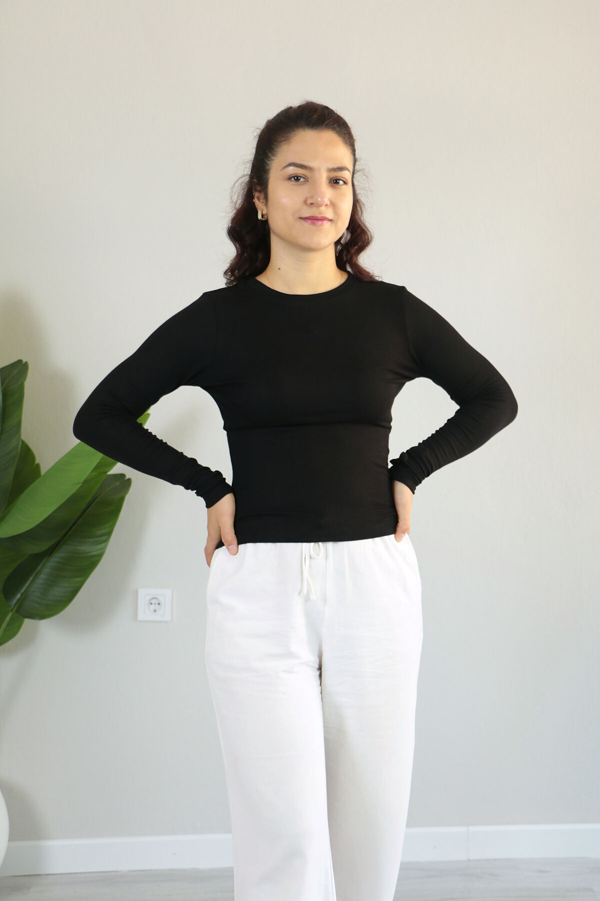 Anti Alerjik Pamuklu Full Likralı Uzun Kollu Bisiklet Yaka Body L - siyah