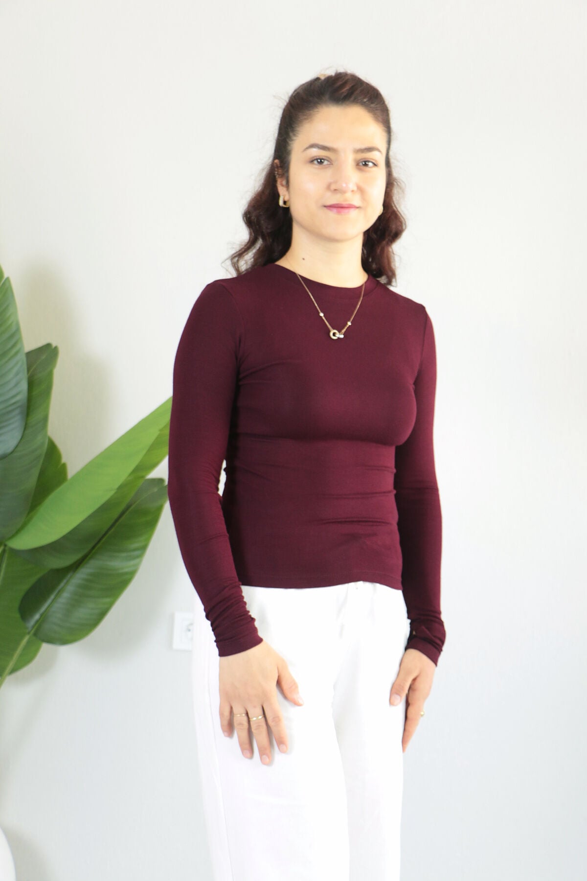 Anti Alerjik Pamuklu Full Likralı Uzun Kollu Bisiklet Yaka Body S - bordo