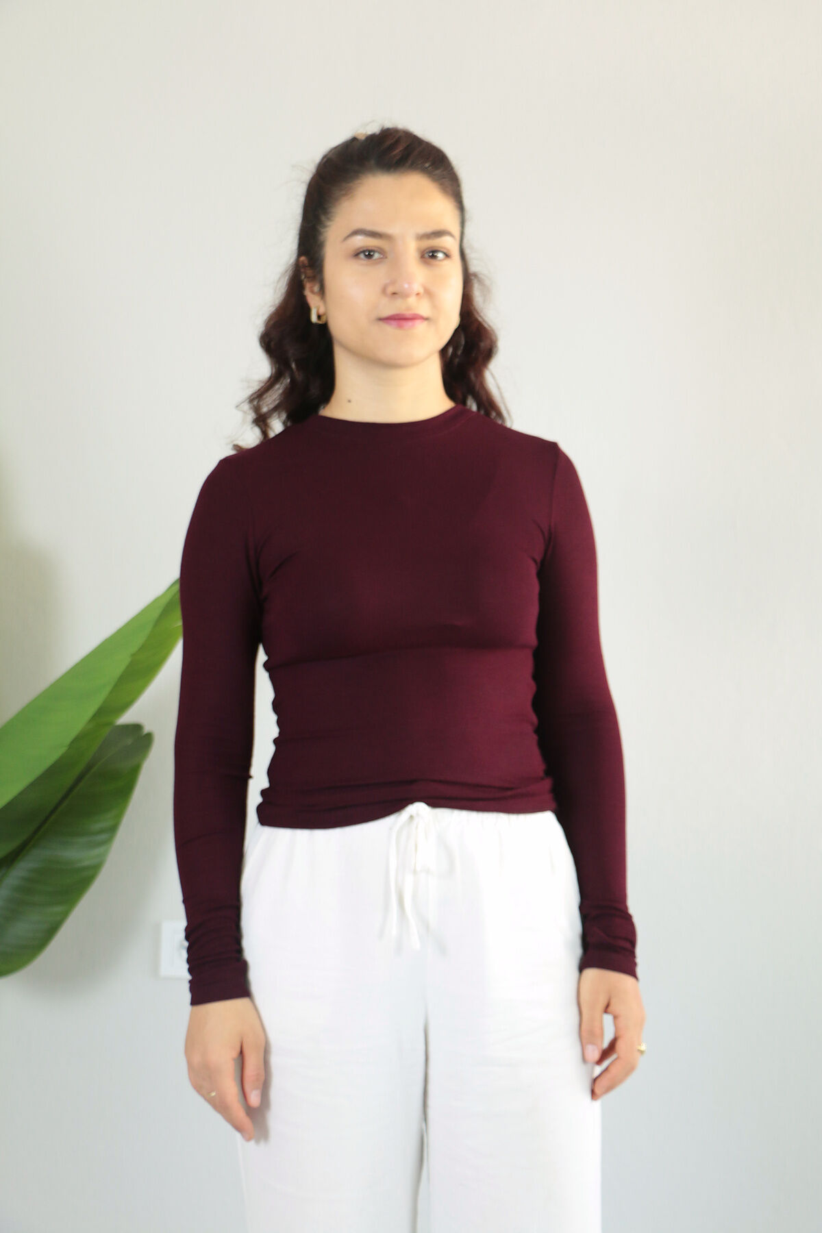 Anti Alerjik Pamuklu Full Likralı Uzun Kollu Bisiklet Yaka Body L - bordo