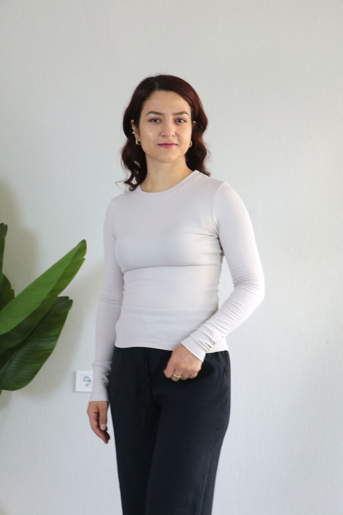 Anti Alerjik Pamuklu Full Likralı Uzun Kollu Bisiklet Yaka Body L - taş