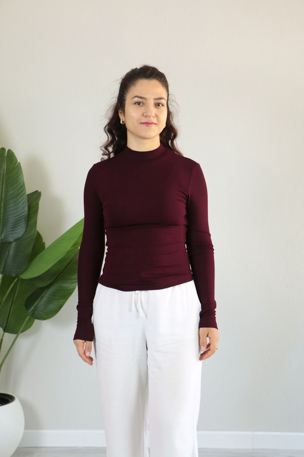 Anti Alerjik Pamuklu Full Likralı Uzun Kollu Balıkçı Yaka Body M - bordo