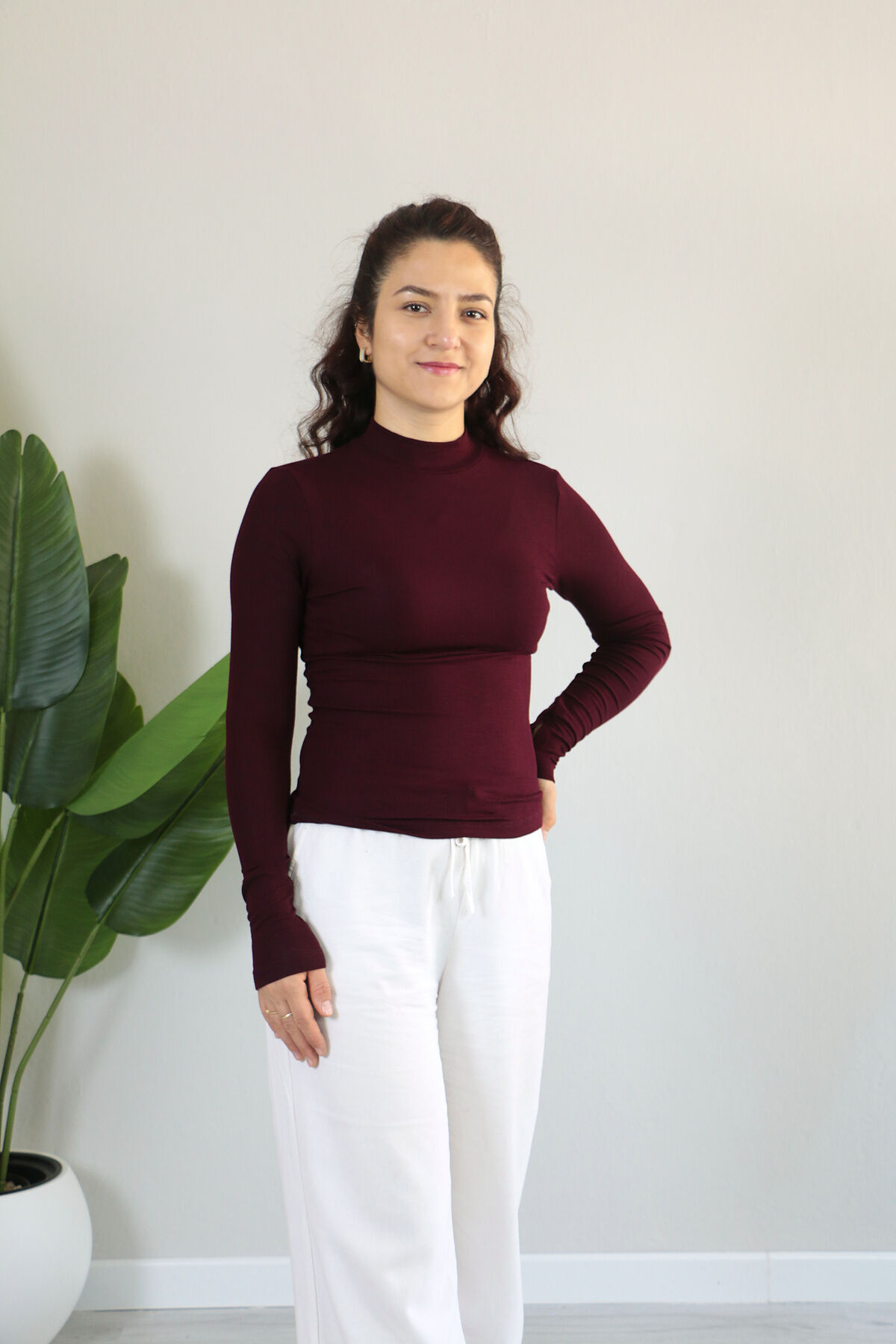 Anti Alerjik Pamuklu Full Likralı Uzun Kollu Balıkçı Yaka Body M - bordo