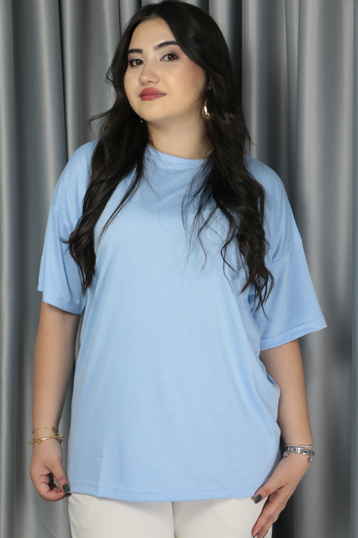 Kadın Modal Kumaş  Full Likra T-Shirt 2XL - buz mavisi