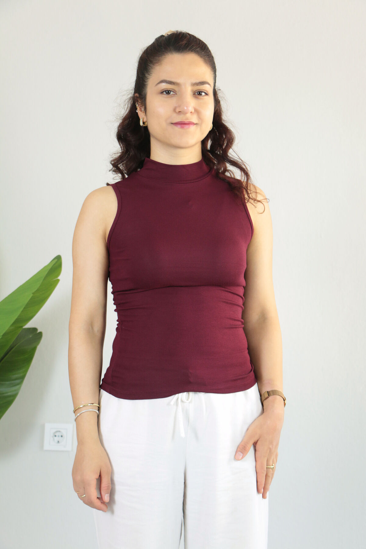 Anti Alerjik Pamuklu Full Likralı Sıfır Kol Balıkçı Yaka Body S - bordo