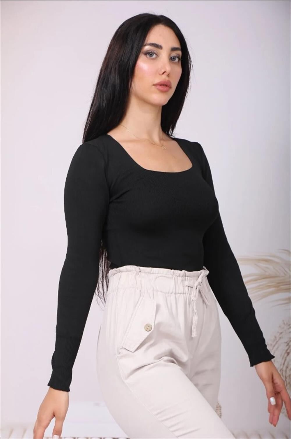 Kadın Kare Yaka Fitilli Kaşkorse Standart Beden Bluz Standart