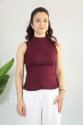 Anti Alerjik Pamuklu Full Likralı Sıfır Kol Balıkçı Yaka Body XL - bordo