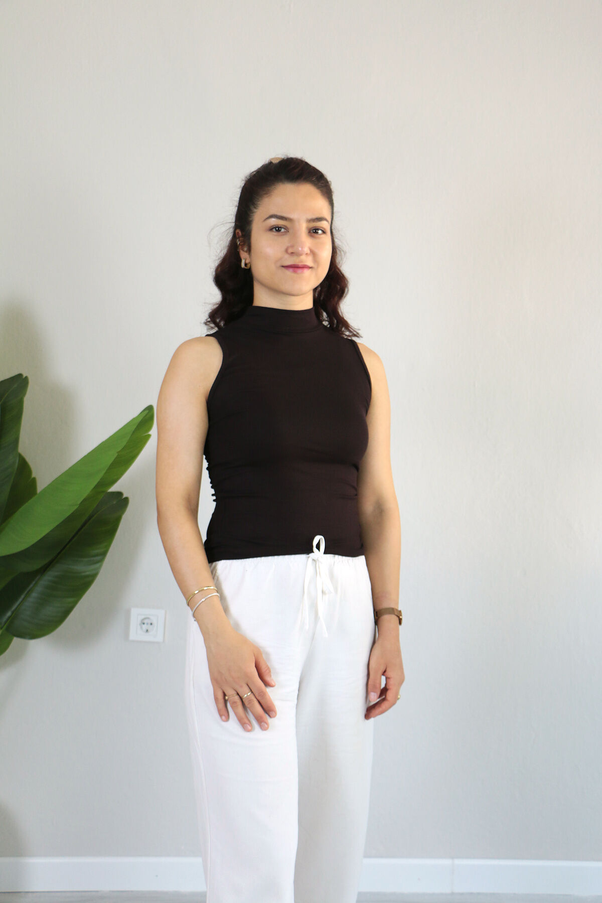 Anti Alerjik Pamuklu Full Likralı Sıfır Kol Balıkçı Yaka Body M - acı kahve