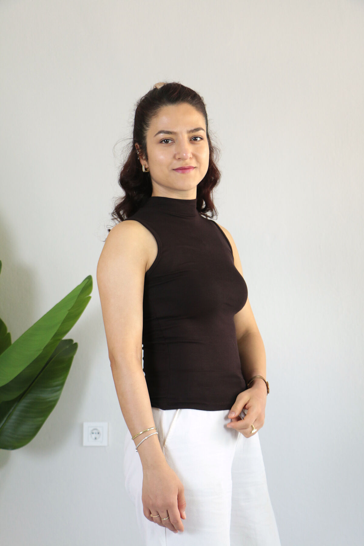 Anti Alerjik Pamuklu Full Likralı Sıfır Kol Balıkçı Yaka Body XL - acı kahve