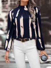 Kadın Uzun Kollu Balıkçı Yaka Kol Ağzı Lastikli Mikro Lacivert Bluz S-M