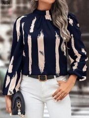 Kadın Uzun Kollu Balıkçı Yaka Kol Ağzı Lastikli Mikro Lacivert Bluz S-M