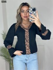 Kadın V Yaka Leopar Detaylı Krep Yeni Tarz Bluz 2XL-3XL