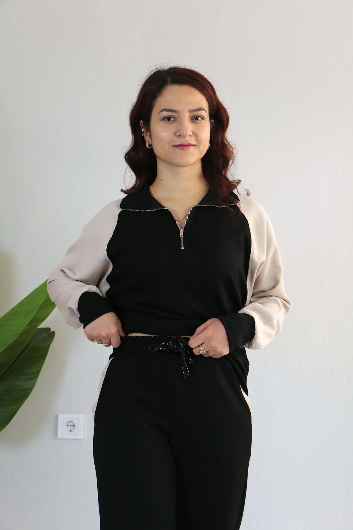 Kolları Tensel Garnili Yarım Fermuarlı Dik Yaka Modal Alt Üst Takım S - siyah