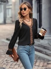 Kadın V Yaka Leopar Detaylı Krep Yeni Tarz Bluz L-XL