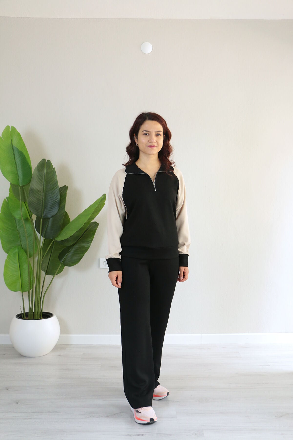 Kolları Tensel Garnili Yarım Fermuarlı Dik Yaka Modal Alt Üst Takım XL - siyah