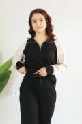 Kolları Tensel Garnili Yarım Fermuarlı Dik Yaka Modal Alt Üst Takım XL - siyah