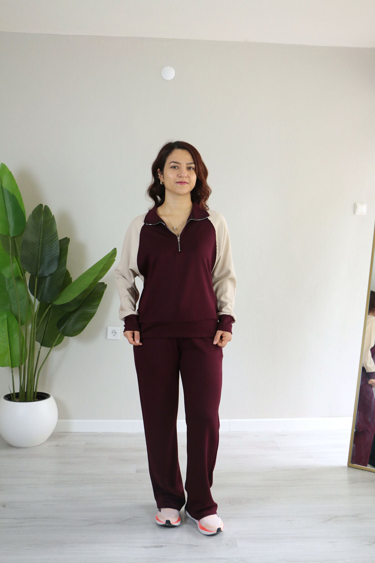 Kolları Tensel Garnili Yarım Fermuarlı Dik Yaka Modal Alt Üst Takım S - bordo