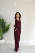 Kolları Tensel Garnili Yarım Fermuarlı Dik Yaka Modal Alt Üst Takım XL - bordo