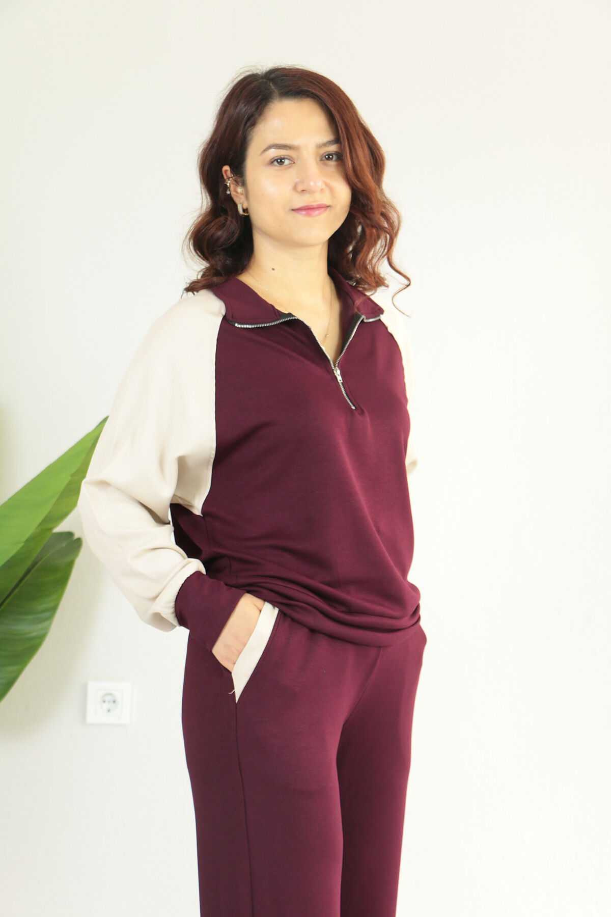 Kolları Tensel Garnili Yarım Fermuarlı Dik Yaka Modal Alt Üst Takım XL - bordo