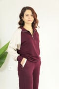Kolları Tensel Garnili Yarım Fermuarlı Dik Yaka Modal Alt Üst Takım XL - bordo