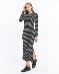 Kadın Çizgili Desen Burgu Kumaş Uzun Kollu Elbise S - siyah