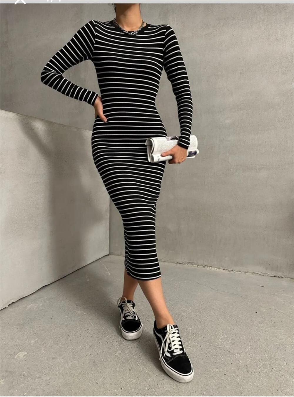 Kadın Çizgili Desen Burgu Kumaş Uzun Kollu Elbise S - siyah