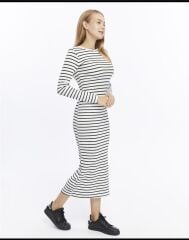 Kadın Çizgili Desen Burgu Kumaş Uzun Kollu Elbise L - beyaz