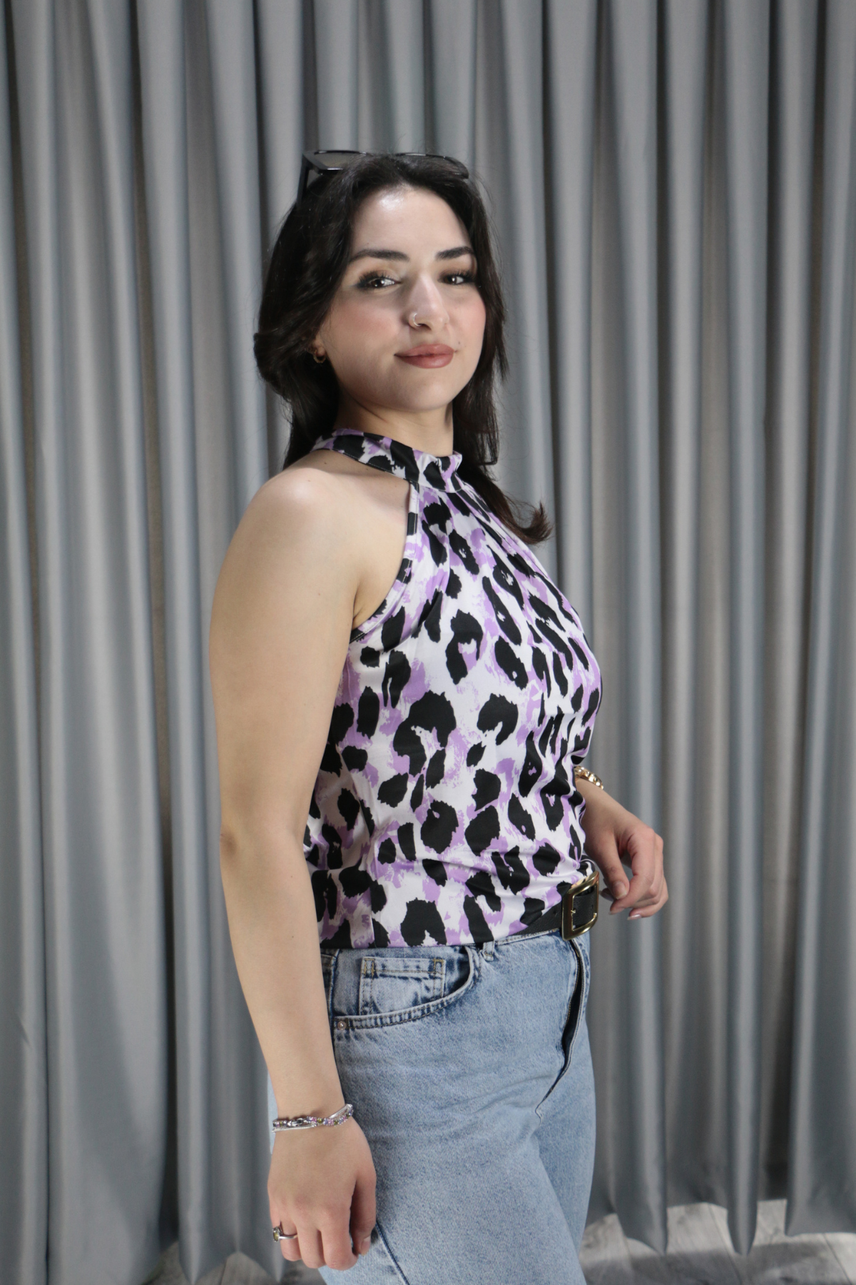 Kadın Halter Yaka Leopar Desenli Mikro Kumaş Mor Bluz S-M