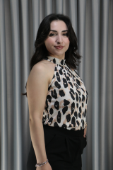 Kadın Halter Yaka Leopar Desenli Mikro Kumaş Kahve Bluz 2XL-3XL