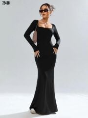 Kadın Kare Yaka Kaşkorse Kumaş Maxi Boy Elbise Standart