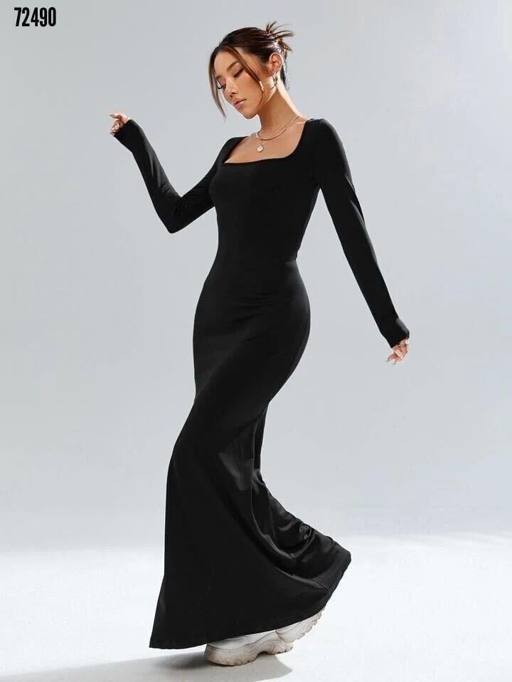 Kadın Kare Yaka Kaşkorse Kumaş Maxi Boy Elbise Standart