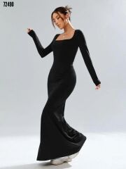 Kadın Kare Yaka Kaşkorse Kumaş Maxi Boy Elbise Standart