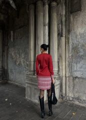 Kadın Uzun Kollu Bisiklet Yaka Kol Ağzı Ve Etek Ucu Baskılı Iki Iplik Elbise L/XL