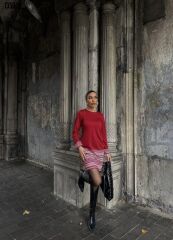 Kadın Uzun Kollu Bisiklet Yaka Kol Ağzı Ve Etek Ucu Baskılı Iki Iplik Elbise S-M